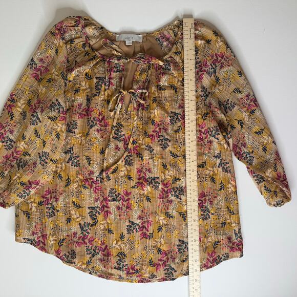 Loft Womens Floral Tie Neck Blouse in Amber Sz M Office Boho Casual Peasant Fall - Picture 15 of 16